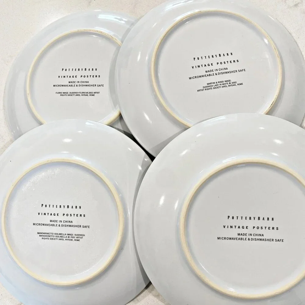 Pottery Barn  VINTAGE POSTERS Set of 4 Plates Canape Cocktail 8"  Appetizer - Picture 6 of 8